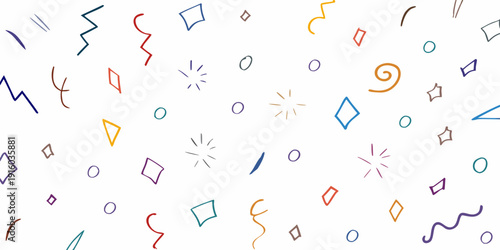 Colorful abstract shapes and lines scattered across a white background