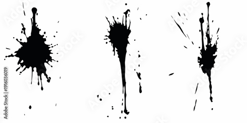 Abstract ink splashes in varying shapes and sizes against a white backdrop