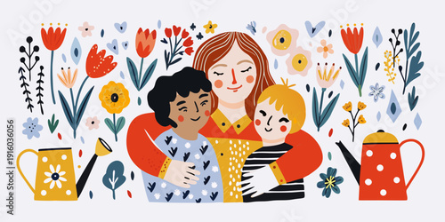 A mother embracing her two children amidst a colorful floral background