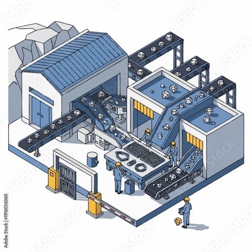 Isometric illustration of an industrial facility with conveyor belts and machinery.