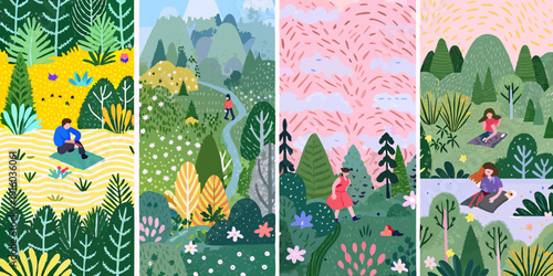Stylized illustration of people enjoying nature in vibrant colorful landscapes