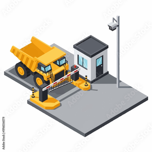Construction site entrance with security gate and guard booth.