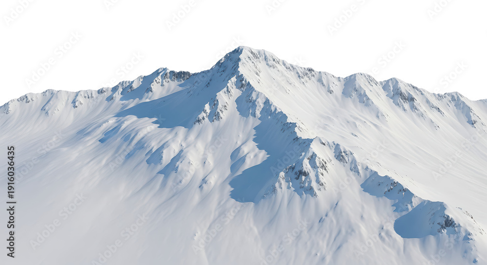 Fototapeta premium Snowy mountain peak with rugged terrain and shadows on white background