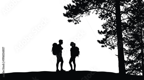 Silhouette, of, hiking, couple, with, backpacks, standing, under, a, pine, tree, on, a, hill, during, an, outdoor, nature, mountain, adventure