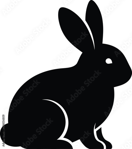 Black silhouette of a rabbit sitting on a white background