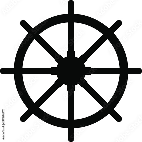 Black silhouette of a ship's steering wheel on a white background