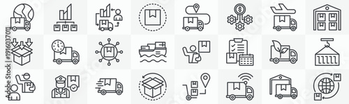 Logistics media icon collection set. Containing distribution, supply chain, loading, route, operational cost, freight, inventory, packaging icon. Simple outline vector