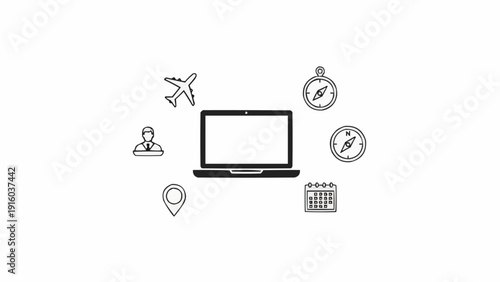 Laptop with Travel and Time Icons.