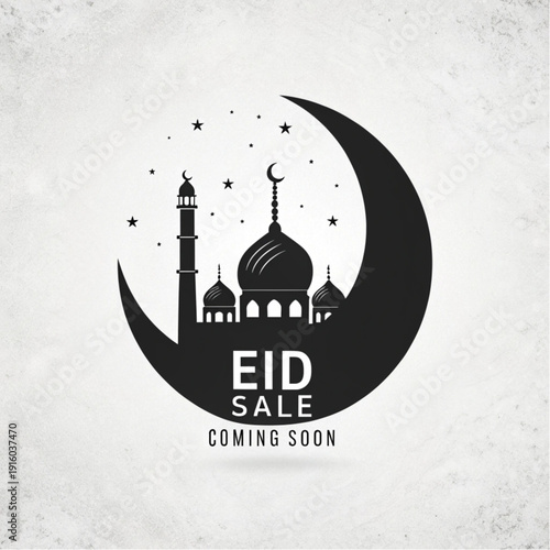 Monochrome Eid Sale Teaser Poster with Mosque Silhouette in Crescent Moon