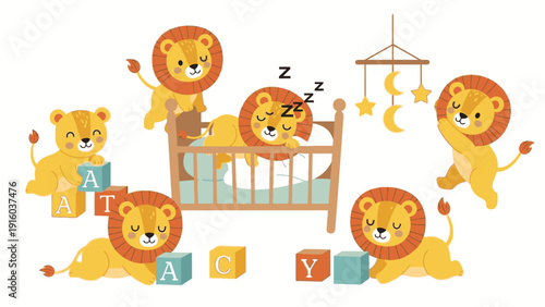 Colorful illustration of six cartoon lions playing around a baby's crib with alphabet blocks and mobile on a white background.