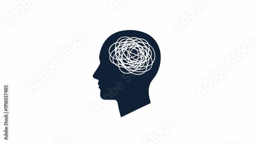 Human Head Silhouette with Complex Brain Illustration.