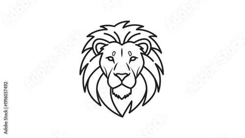 A black line drawing of a lion's head with a thick mane on a white background.