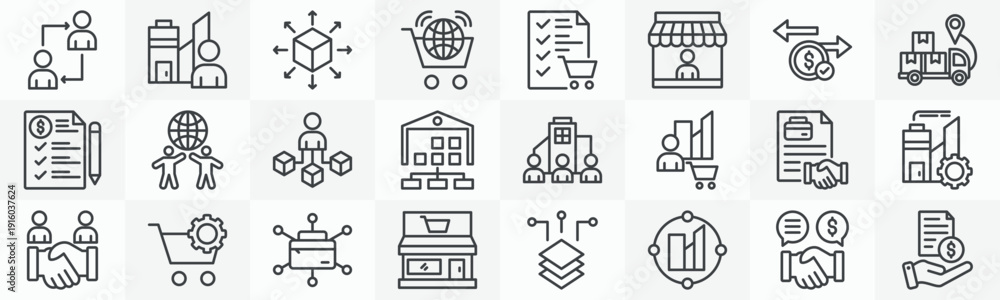 Obraz premium B2B media icon collection set. Containing client company, distribution, commerce, purchase order, vendor, transaction, logistics, quotation icon. Simple outline vector