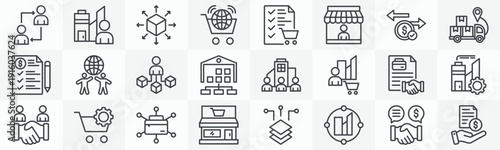 B2B media icon collection set. Containing client company, distribution, commerce, purchase order, vendor, transaction, logistics, quotation icon. Simple outline vector