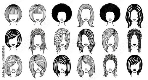 Collection of Diverse Hairstyles Illustrated in Black and White.