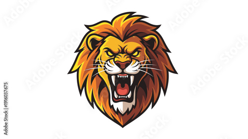 Illustration of a roaring lion's head with vibrant orange and yellow hues on a white background.