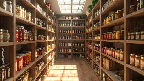 A pantry filled with rows of jars on wooden shelves. Sunlight streams in