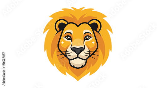 Illustration of a lion's head with a vibrant mane and expressive eyes on a white background.