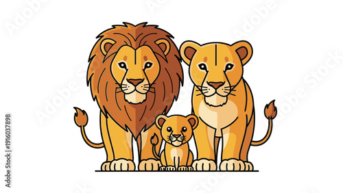 Illustration of a lion, lioness, and cub standing together on a white background in a cartoon style with warm golden tones.