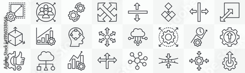 Scalability media icon collection set. Containing capacity, dynamic, vertical scaling, extendable, modular, horizontal scaling, resize, scalable icon. Simple outline vector