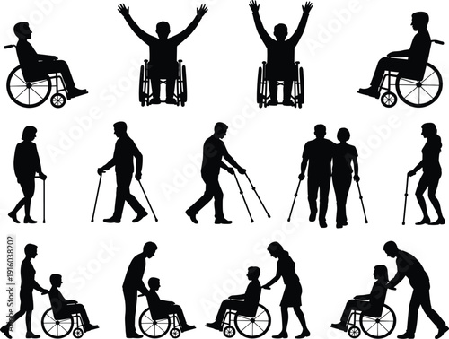 Disability and mobility silhouette set collection featuring people in wheelchairs and using crutches for inclusive medical design