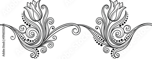 Floral ornamental vector illustration, symmetrical tulip design with swirls, decorative artwork, elegant border, and invitation graphicsFloral ornamental vector illustration