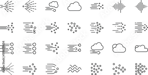 Wind and Air Flow Line Icon Collection with Motion Weather and Speed Symbols Vector Set for Forecast, Climate and UI Design