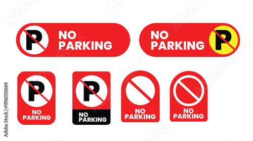 No Parking Sign Icon Set – Red Prohibited Parking Symbol Collection Vector