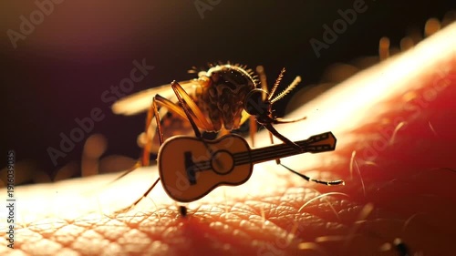 Mosquito Playing Miniature Guitar on Human Skin.