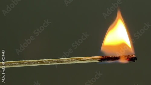 A wooden matchstick is struck and ignites into a bright orange and yellow flame. The initial flare-up produces a sharp crackle, followed by a soft, steady hiss as the wood burns.