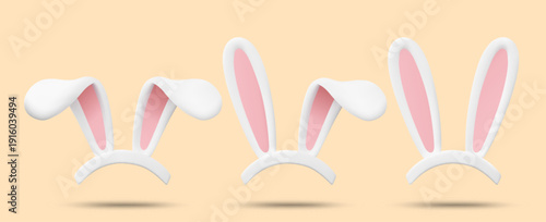 3D vector illustration set of white bunny ears headbands with different poses. Concept for Easter rabbit costume and spring holiday party. Cute animal background template.