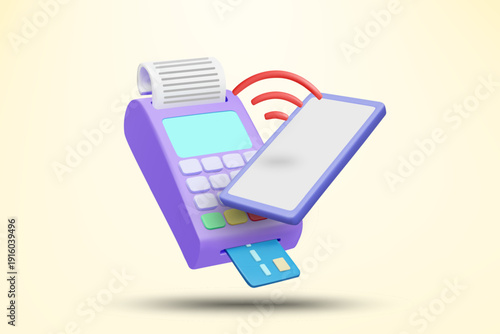 3D vector illustration of payment terminal machine with credit card and smartphone. Concept for contactless NFC transaction and mobile shopping. Retail business background template.