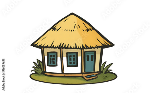 Simple cartoon illustration of a traditional straw hut, featuring a rustic thatched roof and a cozy design, ideal for representing rural homes or quaint village dwellings