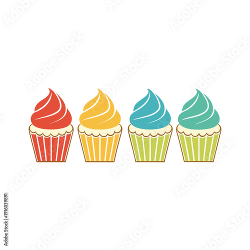 Colorful cupcakes with swirled frosting toppings in rows on white background
