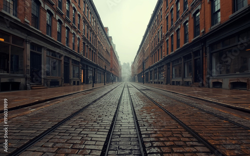 Cinematic eye-level shot of an empty 1920s Boston cobblestone street after the disaster cleanup