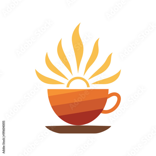 Vibrant orange coffee cup with sun rising behind it on white background