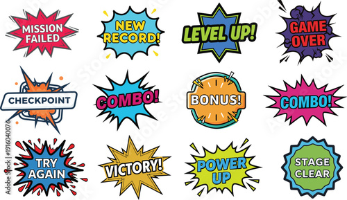 Comic style game achievement badge set with mission failed level up and victory banners