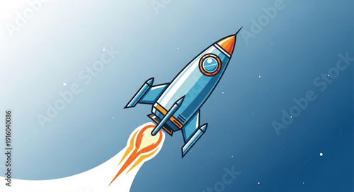 Cartoon rocket ship blasting off into the sky with fiery exhaust.