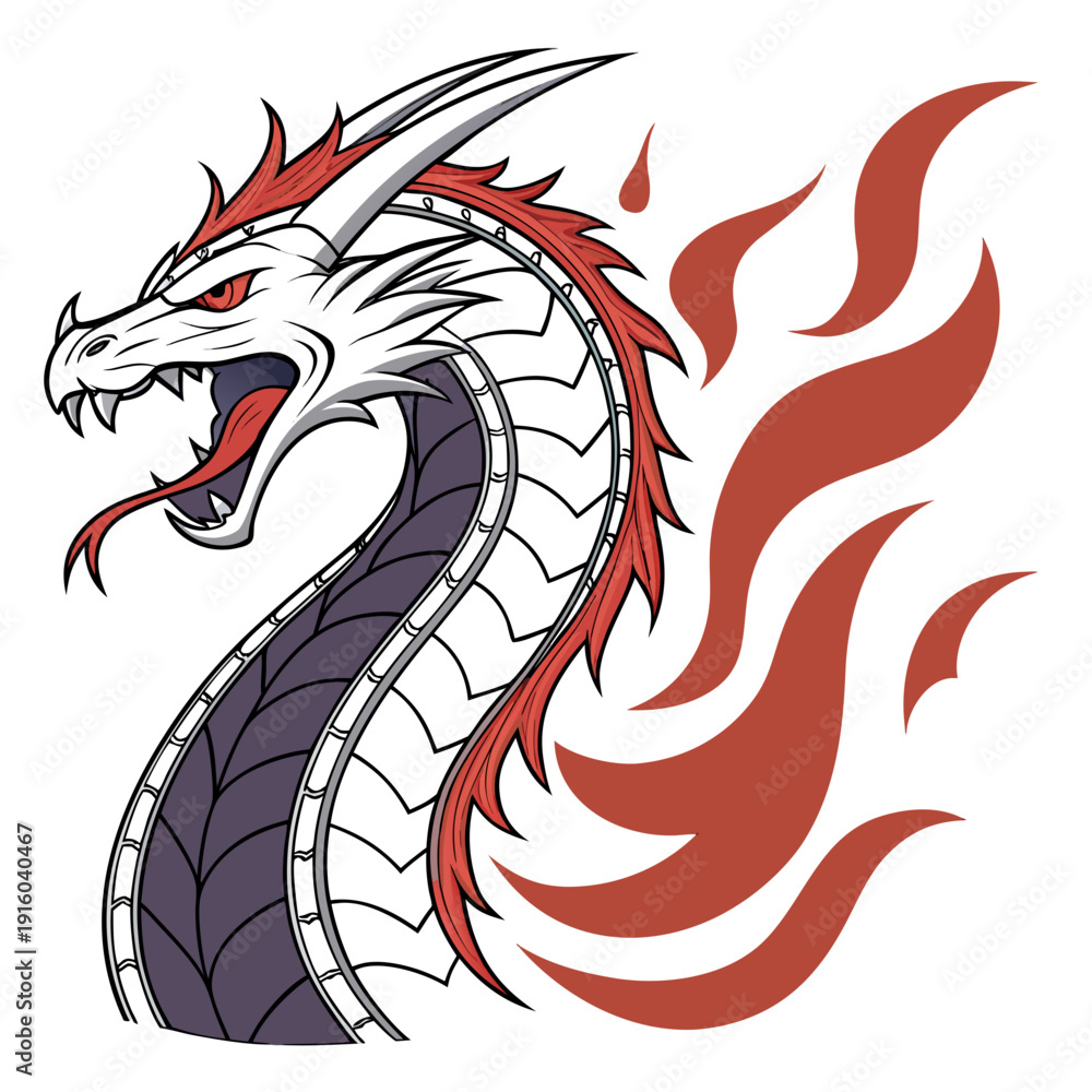 Fototapeta premium A dragon's head with red flames coming out of its mouth Vector
