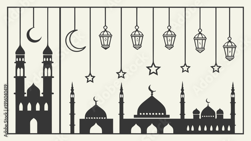 Ramadan kareem illustration with mosque and lanterns Vector