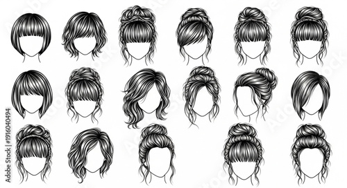 Collection of diverse hairstyles for women illustrated in black and white sketch.