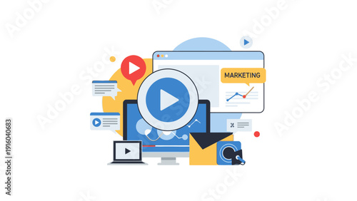 A colorful illustration of a play button surrounded by various digital media icons and graphs on a white background with a mix of blue, yellow, and red elements, conveying a modern and