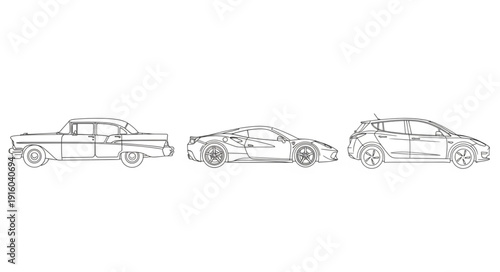 Three different types of cars drawn in outline style.