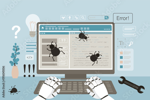 Robotic arms on keyboard. Artificial intelligence fixes bugs, errors and checks code. Automated software testing, quality control concept. AI in quality assurance,
