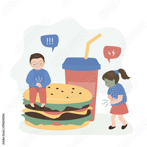 Little boy and girl having stomachache after eating fast food. Children suffering painful abdominal pain due to gastritis disease after eating hamburger and soda.