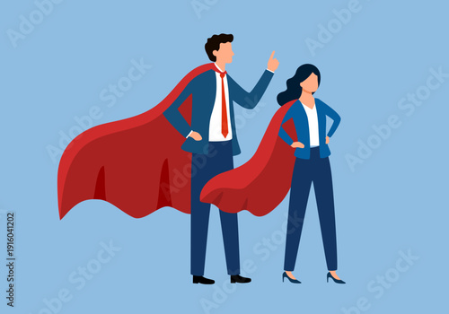 Businesspeople in red cape standing strong and proud. Business leaders. Success and triumph concept