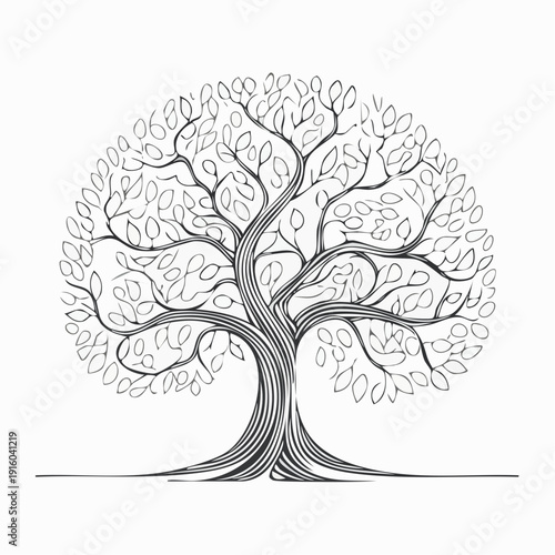 Stylized illustration of a large, sprawling tree with many branches and leaves, against a white background