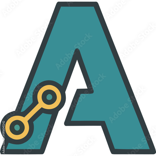 Large teal letter with yellow mechanical link on left side against white background