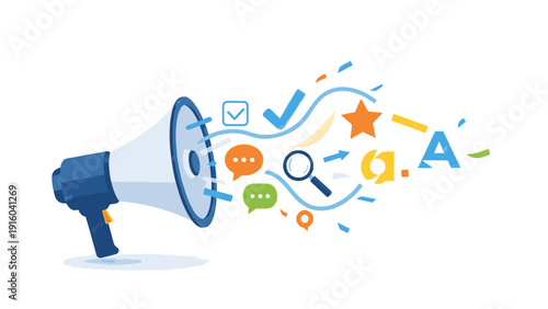 Flat lay illustration of a megaphone with floating icons and symbols, including a star, magnifying glass, and speech bubbles, on a clean white background with a playful and