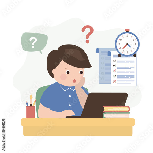 School, student stress concept. Sad schoolboy sits at laptop and does test or exam. Education, examination or training. Countdown, correct answers and errors in the test.